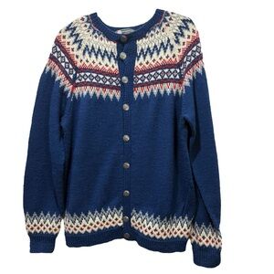 VTG Blue Fair Isle Norwegian Hand Knit Klover Huset Sweater Viking Ship L/XL?